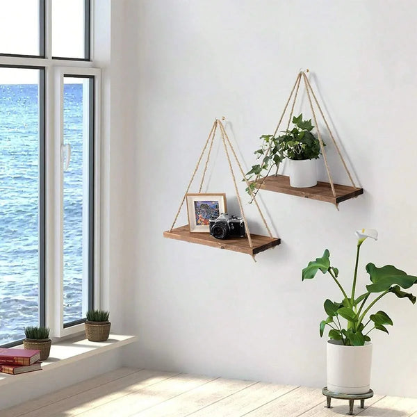 1PC Wooden Swing Hanging Hemp Rope Wall Shelve Mounted Floating Home Living Room